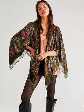 Free People Love Struck Velvet Kimono Olive Combo Beaded Burnout Boho OS Rare